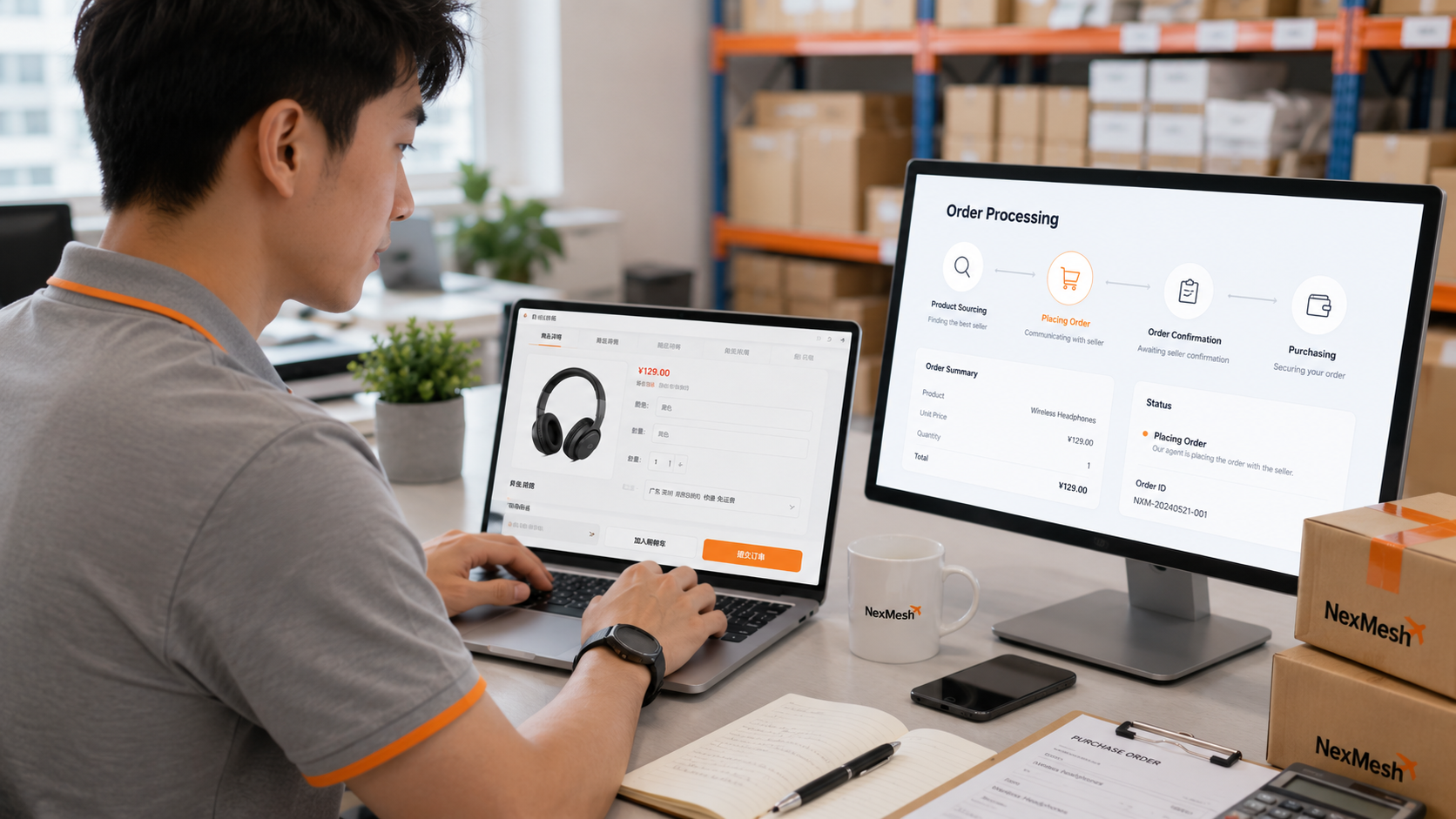 Logistics specialist purchasing a product from a Chinese marketplace